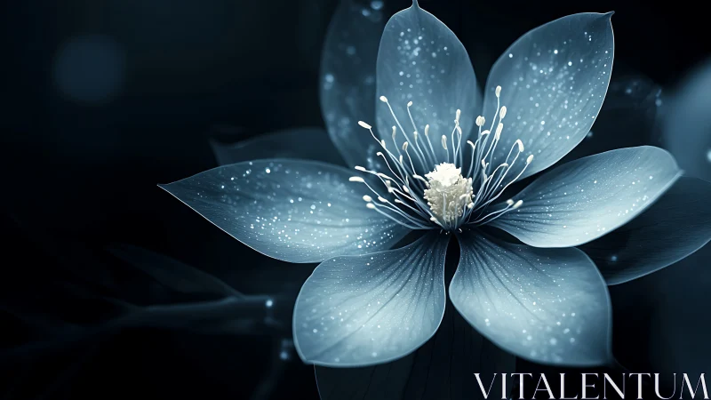 Luminescent Blue Flower with Glowing Petals and Water Droplets.
