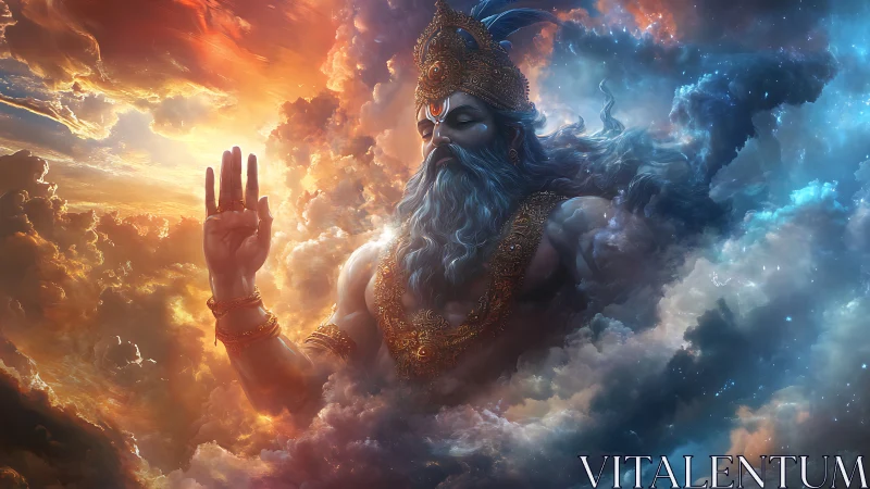 Divine celestial figure in luminous bifurcated nebular clouds.