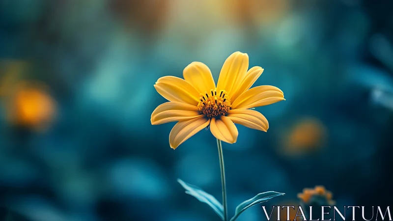 Golden Daisy Blooming Against Teal Bokeh Background.