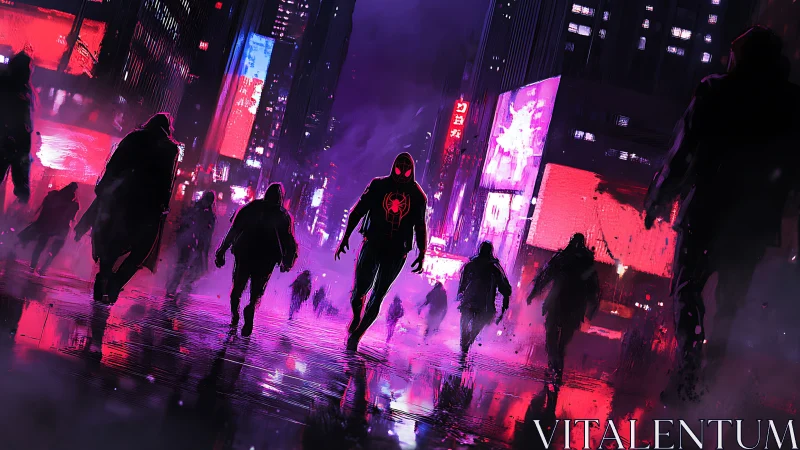 Neon&ndash;saturated spider-suited figure in rain‑slicked megacity.