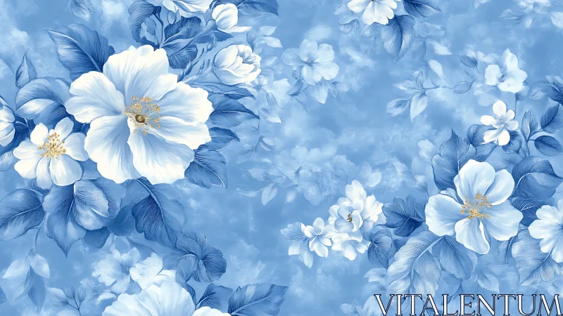 White Blossoms Floating Against Gradient Blue Sky.