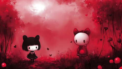 Two Cat-Eared Anime Characters in Deep Red Fantasy Garden