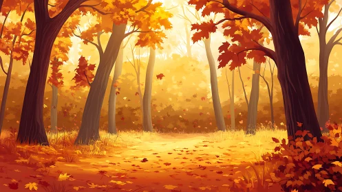 Autumnal Forest Pathway with Warm Canopy Lighting and Falling Foliage