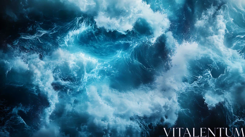 Violent swirling ocean waves in deep blue stormy water.