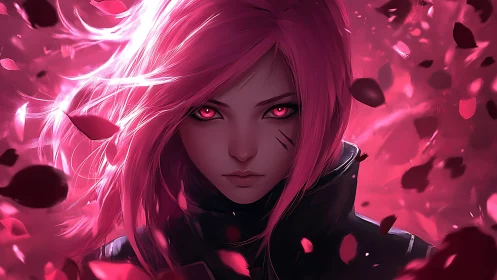 Digital portrait of pink-haired warrior amid dynamic petals.