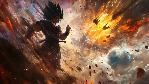 Explosive anime warrior amid cosmic firestorm clouds.