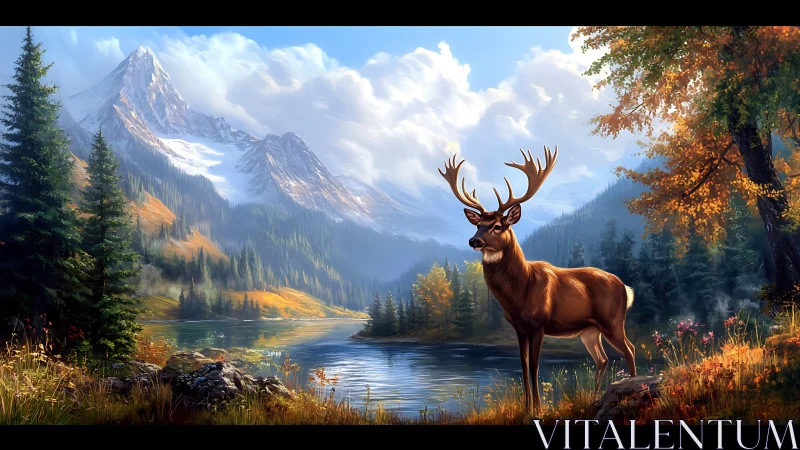 Stag stands by mountain lake in bright autumn light.