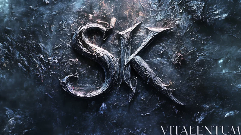 Textured metallic SK monogram on fractured ice background.