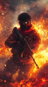 Ember-clad commando strides through a storm of fire and fury.