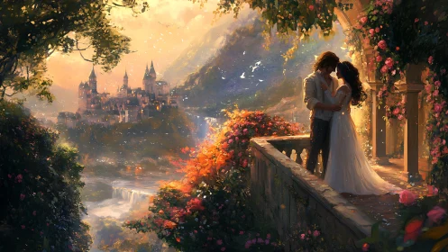 Romantic Castle Encounter: Couple Embracing on Floral Terrace at Golden Hour.