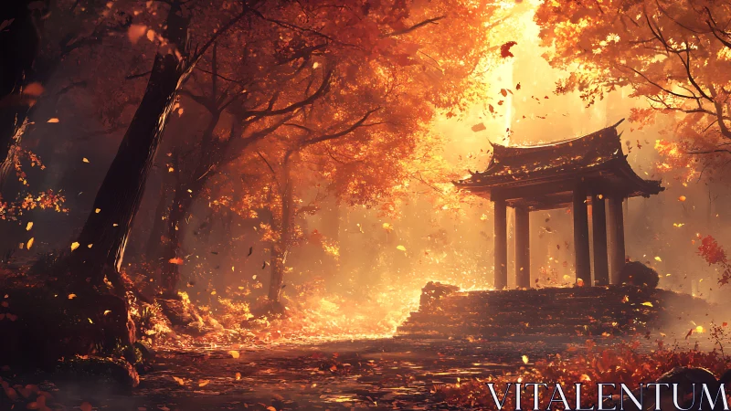 Sunlit autumn shrine glowing softly in a peaceful forest.