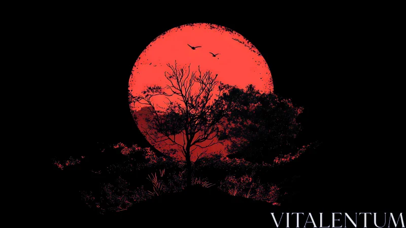 Crimson moonrise behind silhouetted forest horizon at dusk.