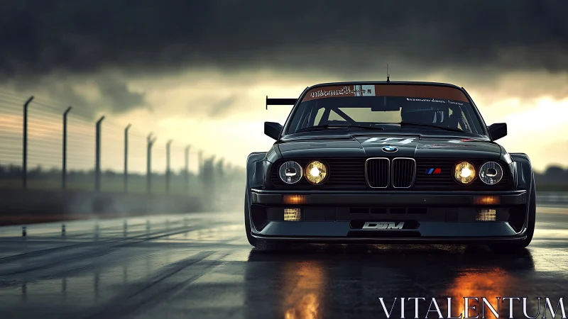 Storm-lit classic BMW racer roars over rain-dark track.