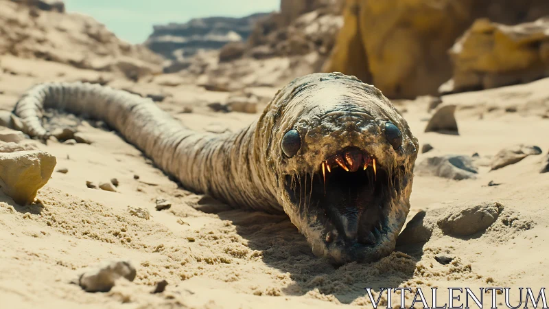 Desert dwelling predatory sand worm with open fanged maw