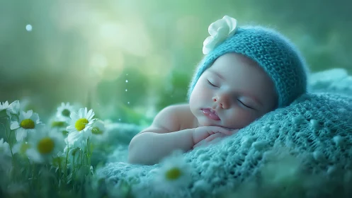 Dreaming Petals: Newborn slumbering in a daisy-soft meadow.