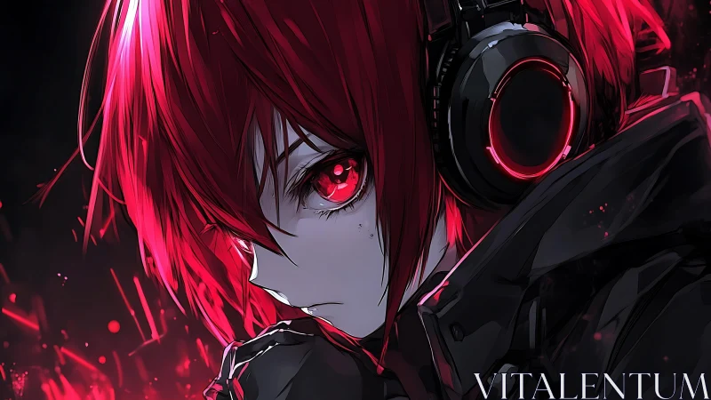 Red haired headphone user in dark digital anime profile.