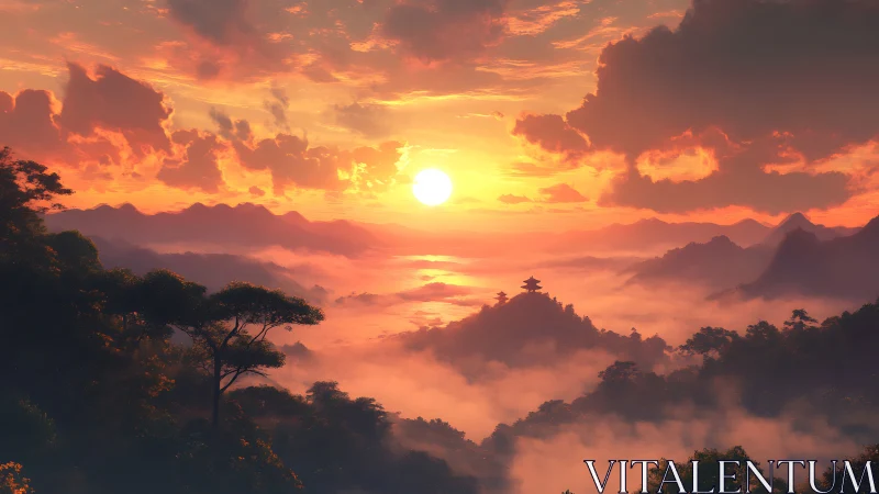 Gentle sunrise over misty mountains and hidden temple.