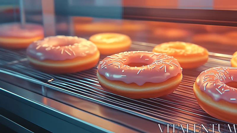 Pink glazed donuts on metal rack in warm bakery case.
