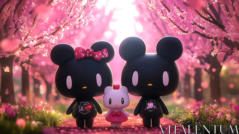 Cartoon bear couple with cat in pink blossom alley.
