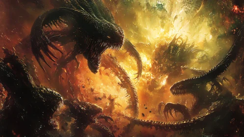 Fiery cosmic leviathans surge and clash in burning starlight