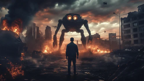Cinematic post-apocalyptic standoff with tripod war mech silhouette.