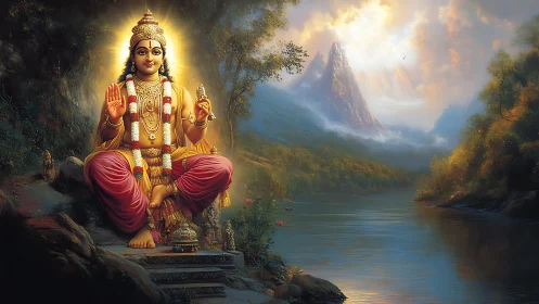 Radiant Hindu deity seated beside a tranquil sacred river.