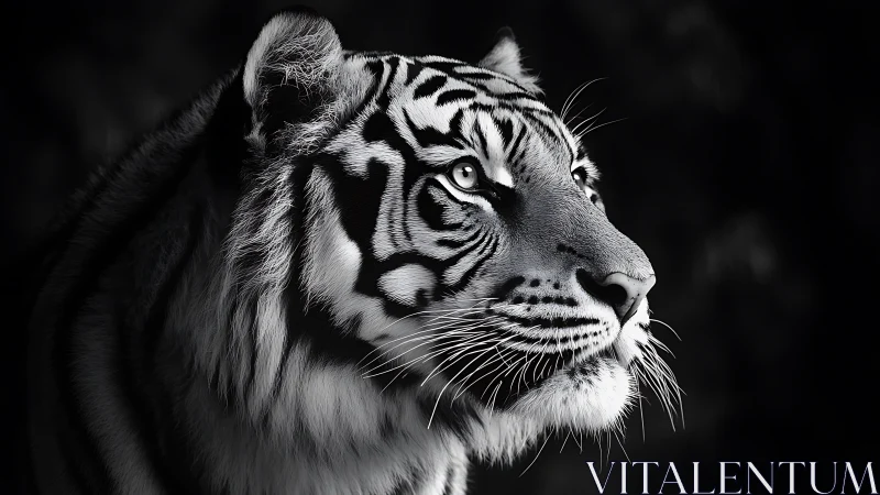 Monochrome close-up shows tiger head in lateral profile