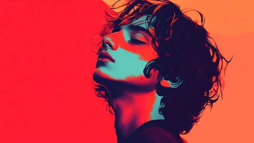 Stylized side portrait in bold red and cyan tones.