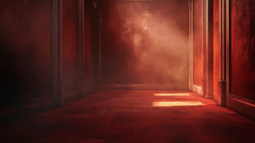 Volumetric light through red architectural corridor space.