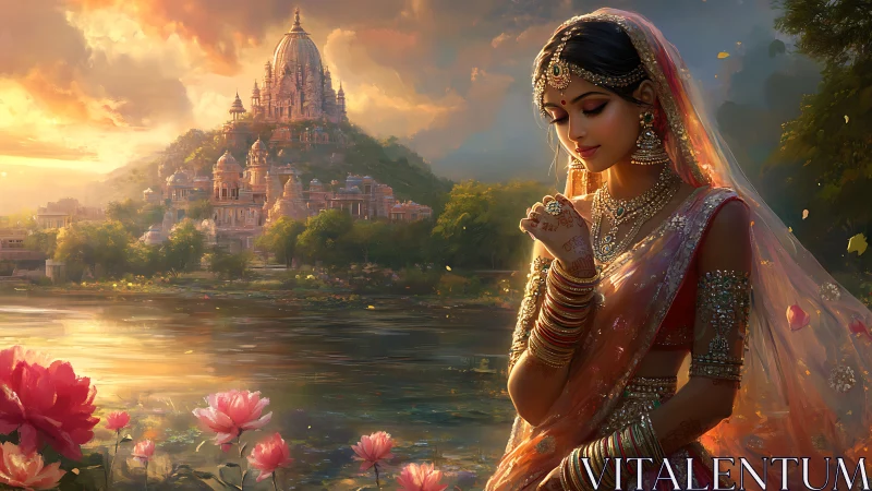 Ornate bride in sunset sari before riverside temple complex