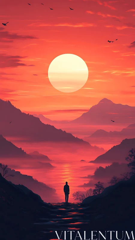 Solitary wanderer greeting a serene crimson sunset horizon.