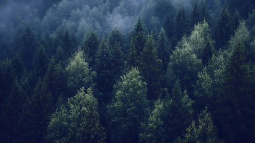 Misty Pine Forest Canopy at Dawn, Atmospheric Nature Landscape.