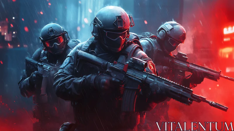 Tense tactical squad advances through neon rain and swirling fire