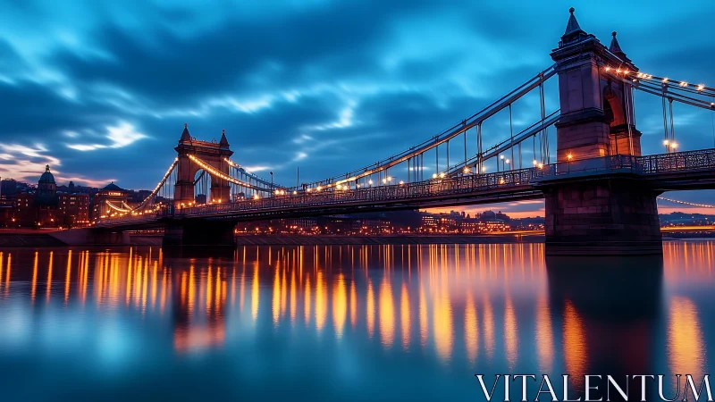 Golden bridge lights glow softly over a peaceful blue river