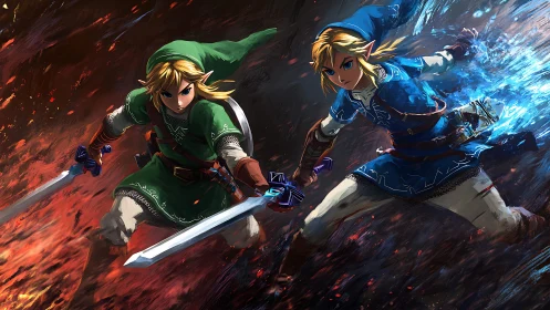 Dual sword warriors clash across fire and ice battlefield