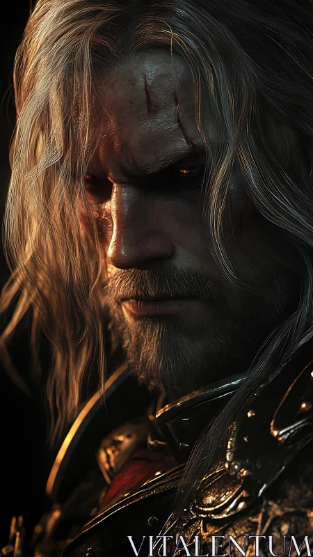 Battle-marked knight in molten light and quiet resolve.