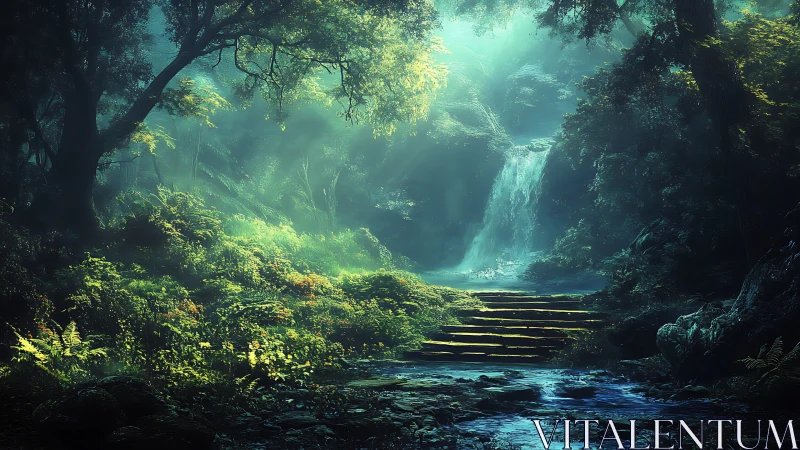 Luminescent Subterranean Waterfall Canyon with Dramatic Atmospheric Caustics