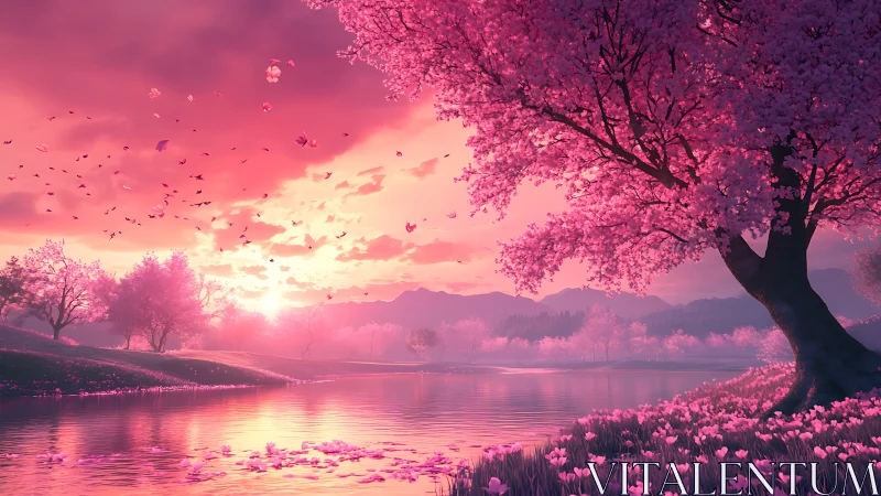 Blossoming riverside under radiant pink sunset glow.