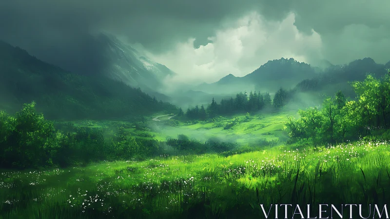 Misty green valley glimmering beneath brooding mountain skies.