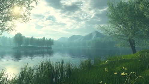 Serene misty lake with island forest and distant mountains.