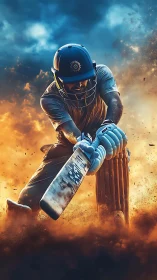 Cricket batsman drives through fire and stormy sky.