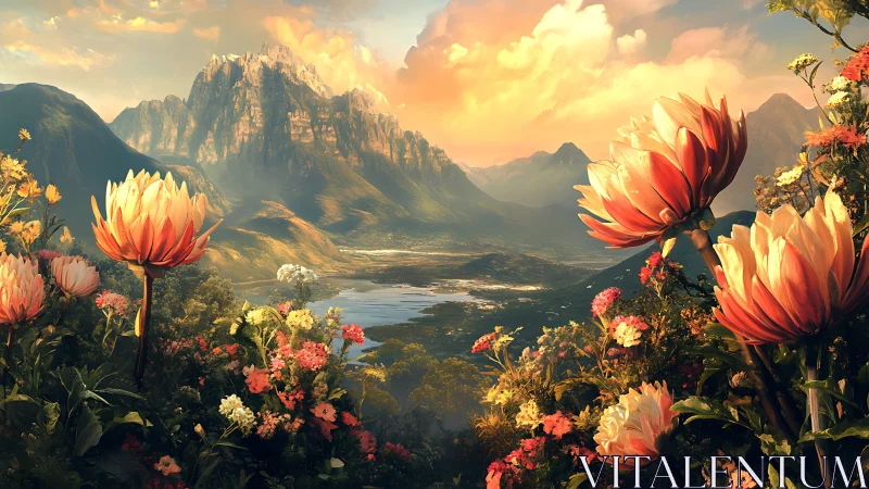 Sunlit alpine valley framed by oversized botanicals in bloom