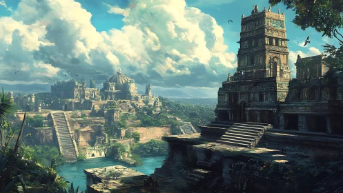 Sunlit riverside ruins of a tranquil ancient kingdom.