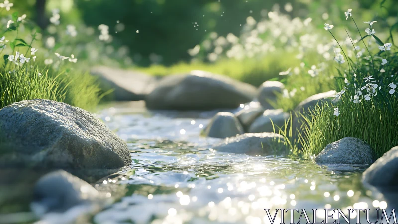 Sunlit stream with rocks, grass, and white wildflowers.
