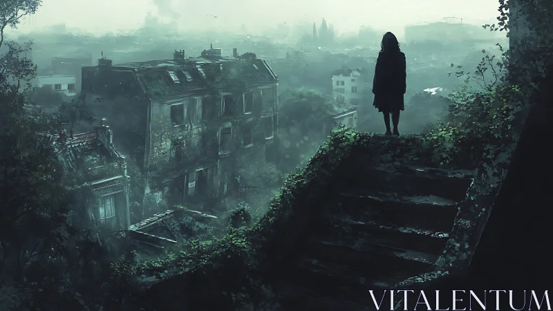 Quiet figure overlooking a misty, overgrown city ruin.