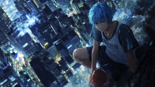 Rooftop rain baller broods above neon drowned cityscape.