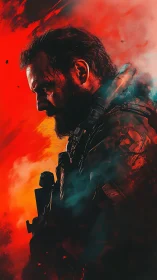 Battle-worn soldier broods in fiery, smoke-filled abstraction