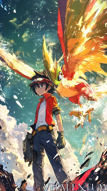 Dynamic anime trainer and blazing phoenix rendered in vibrant detail