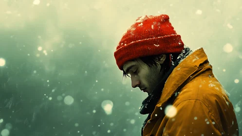 Side profile of person in snowfall wearing red hat and coat