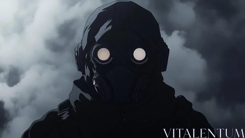 Hooded figure in gas mask stands against dense clouded sky
